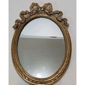 TABLETOP MIRROR ORNATE GOLD-Toned Frame Topped Ribbon & BOW Easel Stand
